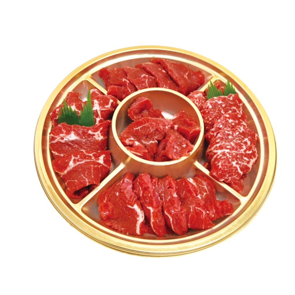 五福臨門牛肉拼盤/燒肉用/原價$228、特價$188，包括三角尖肉、肉眼蓋、肩柳、腹脅肉及內裙肉。
